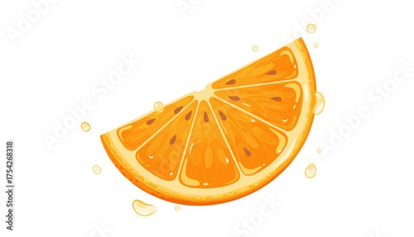 Fototapeta A vibrant, juicy slice of orange, detailed with seeds and glistening droplets of juice, isolated on a clean white background, perfect for food and beverage designs.