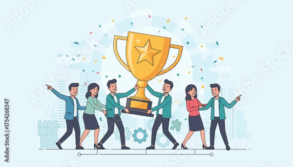 Fototapeta Diverse team of professionals celebrating a major success, joyfully carrying a golden trophy adorned with a star, symbolizing achievement and teamwork, amidst a shower of confetti and abstract