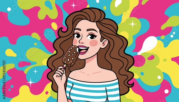 Fototapeta Vibrant illustration of a happy young woman with long brown wavy hair, enjoying a chocolate-covered ice cream bar with almond pieces, set against a colorful, abstract background with splashes of