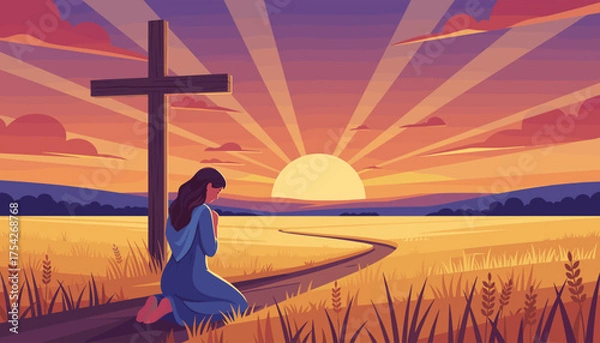 Fototapeta A woman kneels in prayer beside a wooden cross in a golden field at sunset, with a path leading towards the horizon and a vibrant sky filled with radiating sunbeams and clouds, symbolizing faith and