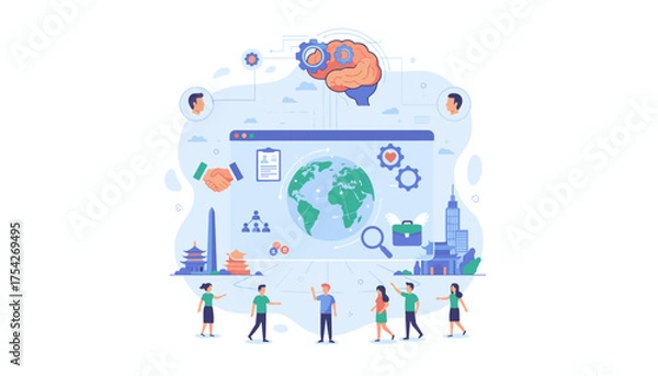 Fototapeta Global outsourcing concept illustration with diverse people collaborating, handshake symbolizing partnership, and a brain with gears representing human resources and technology, set against a