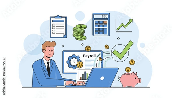 Fototapeta Modern flat illustration of a businessman managing payroll on a laptop, surrounded by financial icons like coins, calculator, piggy bank, and growth charts, representing business finance and
