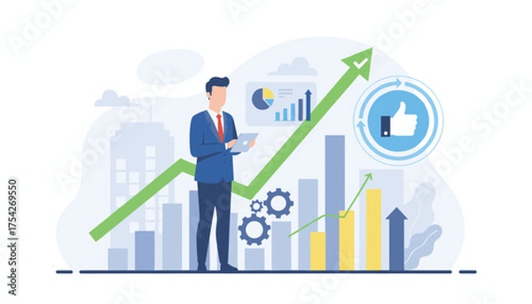 Fototapeta Project approval concept: a businessman in a blue suit analyzes data on a tablet, surrounded by rising bar graphs, a green upward trend arrow, gears, and a 'thumbs up' icon, representing business