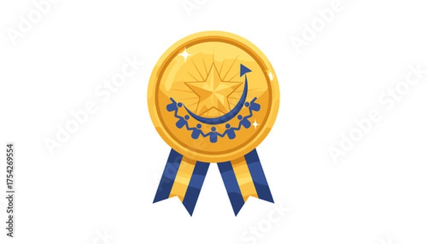 Fototapeta Golden quality guarantee medal icon featuring a prominent star, surrounded by a chain of stylized people holding hands, symbolizing teamwork and achievement, with a blue upward arrow indicating