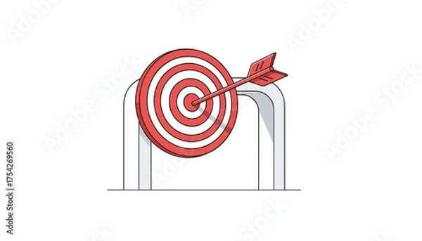 Fototapeta A vibrant red target with a matching red arrow precisely hitting the bullseye, symbolizing achievement, success, and goal attainment, set against a clean white background with minimalist arch