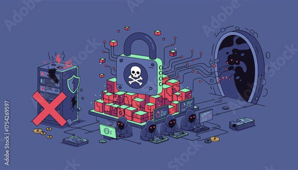 Fototapeta Cybersecurity threat illustration depicting a ransomware attack with hooded hackers operating computers, a cracked server with a red cross, a large padlock with a skull symbol, and a dark portal