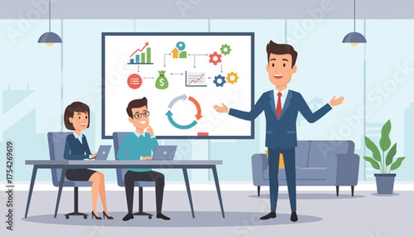 Fototapeta Dynamic business presentation with a confident speaker explaining charts, graphs, and workflow diagrams on a whiteboard to attentive colleagues in a modern office setting, symbolizing growth and