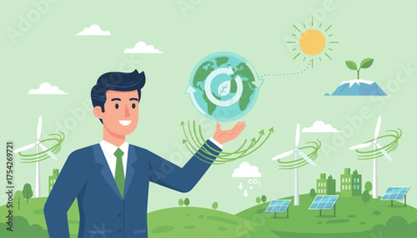 Fototapeta A smiling businessman in a suit presents a concept of sustainable development and green business, featuring a globe with recycling arrows, wind turbines, solar panels, and a growing seedling under a