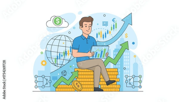 Fototapeta Dynamic illustration of a man analyzing stock market data on a tablet, seated on a pile of gold coins, with upward trending graphs, a globe, and currency symbols symbolizing financial growth and