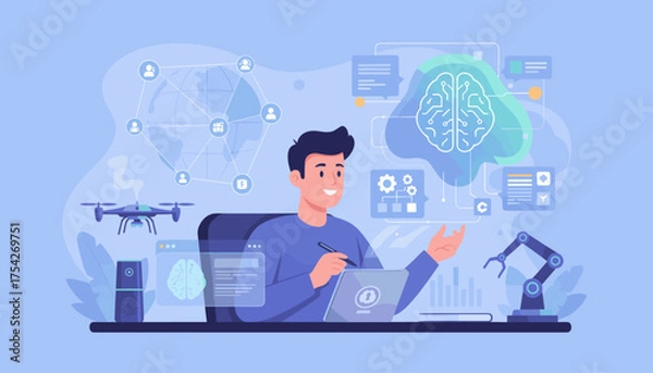 Fototapeta Innovative technology concept with a man using artificial intelligence to control a drone and robotic arm, surrounded by digital interfaces and a stylized brain, representing future advancements in