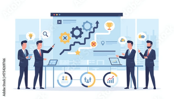 Fototapeta Business professionals collaborating on a strategic plan, visualizing progress with gears, charts, and a trophy on a large screen, symbolizing teamwork, problem-solving, and achieving success in a