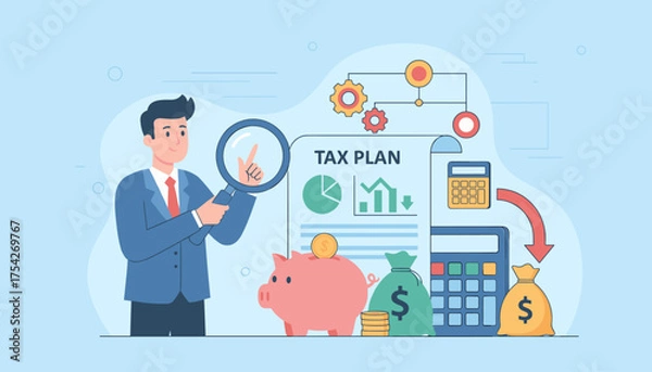 Fototapeta Business professional examining tax plan with magnifying glass, surrounded by financial elements like piggy bank, money bags, coins, and calculators, illustrating tax optimization and financial
