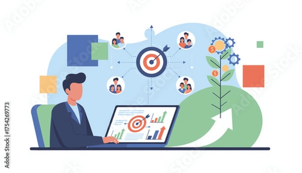 Fototapeta Vivid illustration of a business concept focusing on achieving objectives and growth, with a businessman at a laptop analyzing charts and a plant symbolizing financial success, connected to target