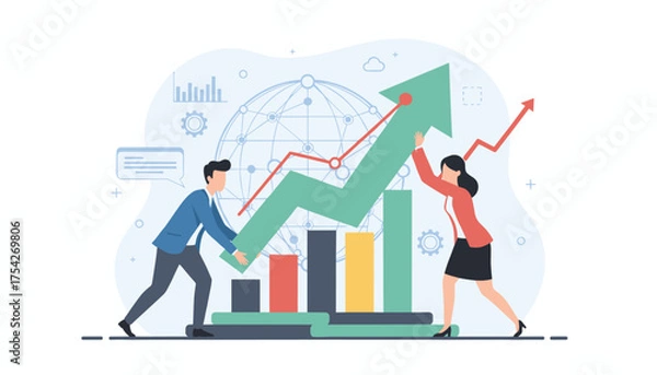 Fototapeta Illustrative vector graphic depicting a diverse business team collaborating to push a large green upward trending arrow, symbolizing growth and success, against a backdrop of global charts and data