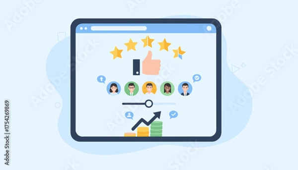 Fototapeta Flat design illustration of user feedback and rating system on a digital device screen, showcasing customer satisfaction with stars, thumbs up, and positive growth graph with coins, representing
