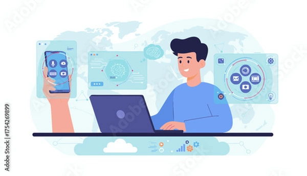 Fototapeta Modern flat illustration of a young man working on a laptop, interacting with a virtual AI assistant interface, with a smartphone displaying app icons and a brain icon symbolizing artificial
