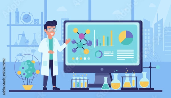 Fototapeta Vibrant cartoon illustration of a smiling scientist in a lab coat presenting molecular structures and data charts on a computer screen, surrounded by scientific equipment and beakers, symbolizing