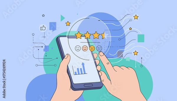 Fototapeta Customer feedback and user reviews concept, hand holding smartphone with star ratings, emoticons, and graph, representing online survey, satisfaction, and digital communication, modern flat