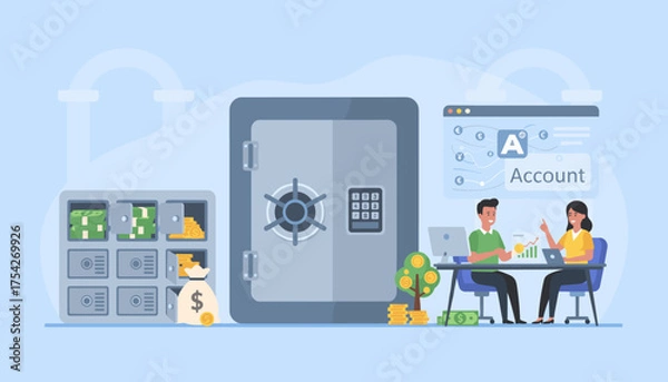 Fototapeta Vivid flat illustration depicting a secure bank safe with an open compartment revealing stacks of dollar bills and gold coins, alongside a money bag, symbolizing financial security and wealth