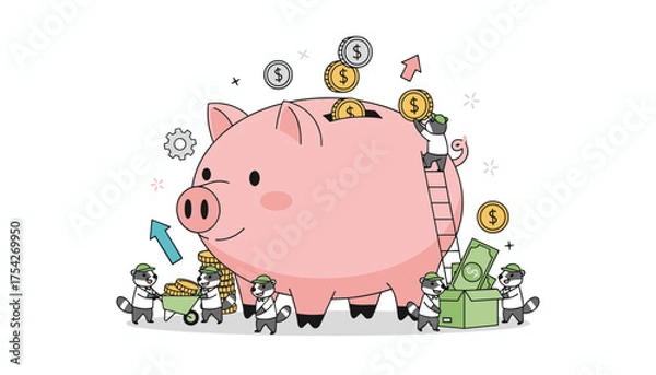Fototapeta Charming flat illustration of a large pink piggy bank being filled with coins and banknotes by cute cartoon raccoons, symbolizing savings, financial growth, and smart money management with a gear and