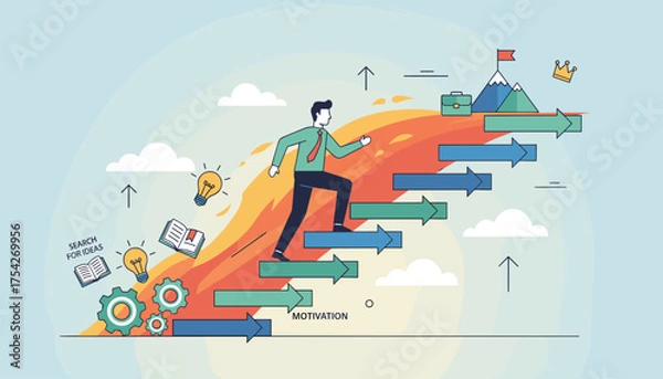 Fototapeta Vibrant vector illustration depicting a determined businessman ascending a fiery staircase, symbolizing career growth, motivation, and the pursuit of success, with elements like lightbulbs for ideas