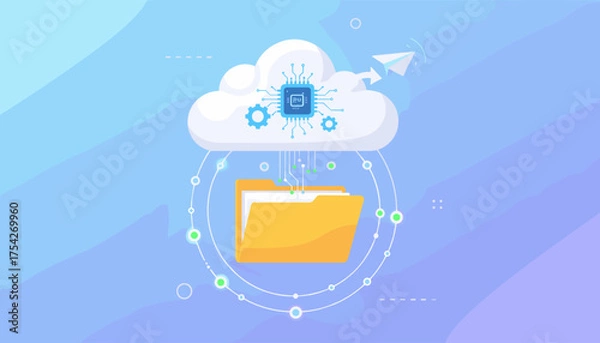 Fototapeta Vivid flat illustration of cloud storage and data processing, featuring a stylized cloud with a CPU chip and gears, connected to a yellow folder icon, symbolizing digital information management and