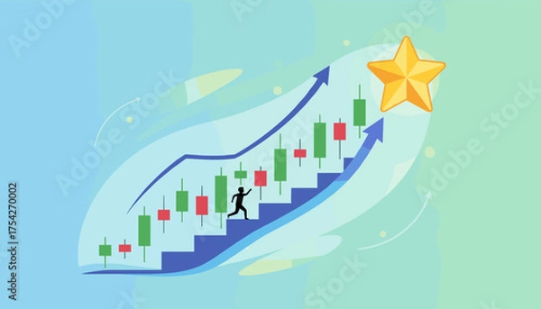 Fototapeta Vibrant vector illustration depicting a stylized candlestick chart representing stock market growth, with a silhouette of a person ascending stairs towards a golden star, symbolizing success and