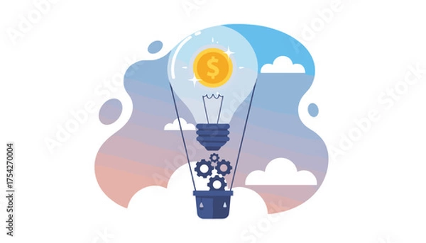Fototapeta Abstract vector illustration of a hot air balloon shaped like a light bulb, symbolizing innovation and financial success, floating in a gradient sky with clouds and gears in the basket, representing