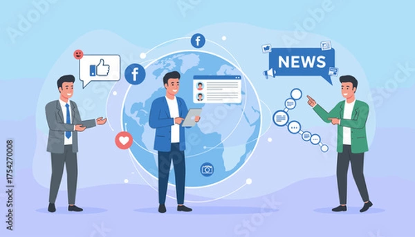 Fototapeta Vivid flat-style vector illustration of businessmen discussing global business strategies and social media engagement, featuring earth, communication icons, news updates, and social network symbols