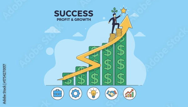 Fototapeta Vibrant vector illustration depicting the concept of financial success, profit, and growth, with a businessman climbing a rising arrow graph made of dollar bills towards a golden star, symbolizing
