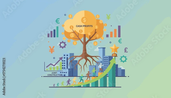 Fototapeta Conceptual illustration of investment management and financial growth, featuring a tree of cash profits with currency symbols, rising bar charts, a city skyline, and people climbing a green arrow