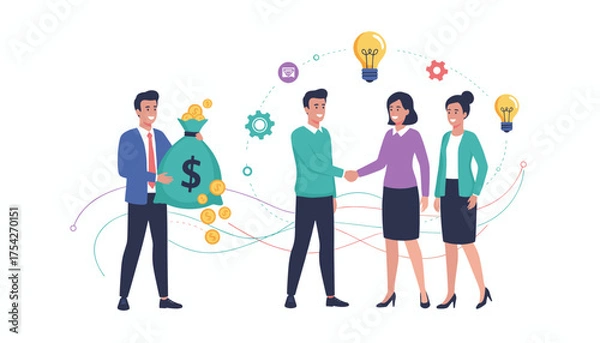 Fototapeta Vibrant vector illustration depicting a business partnership and financial success, with a man holding a money bag and coins, and two businesswomen shaking hands, symbolizing collaboration and