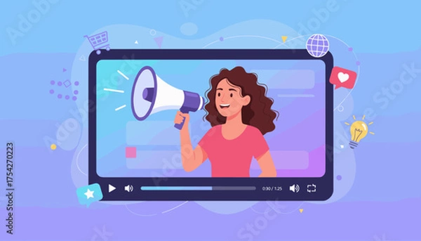Fototapeta Vivid illustration of a woman with curly hair holding a megaphone, promoting something on a video player interface, symbolizing live streaming, media clips, and online promotion with social media
