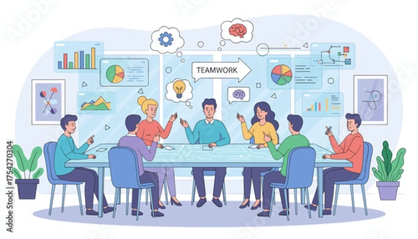 Fototapeta Diverse group of professionals engaged in a dynamic brainstorming session around a modern conference table, illustrating teamwork, innovation, and strategic planning with visual data displays and