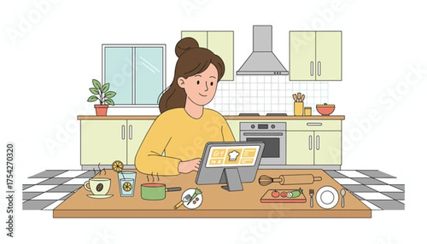 Fototapeta A young woman with her hair in a bun, wearing a yellow sweater, is attentively watching an online cooking class on her tablet, which is placed on a stand on a wooden kitchen counter, surrounded by