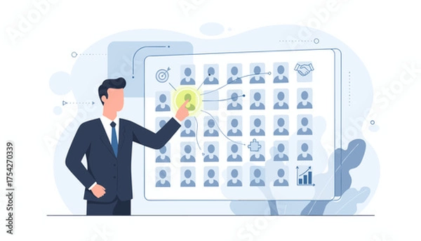 Fototapeta Human resources manager selects candidate for a job. HR concept. Recruitment, hiring, headhunting. Talent acquisition. Choosing an employee. CRM and target audience concept.