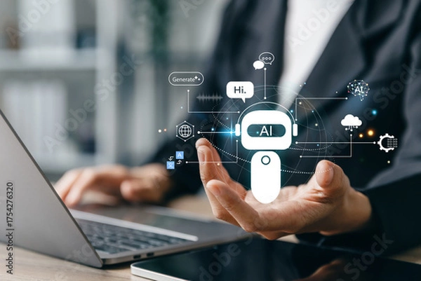 Fototapeta Young woman using laptop with Ai assistant. command to create something.