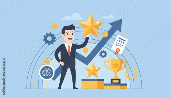 Fototapeta Successful businessman holding a golden star, symbolizing achievement and self-confidence, with a rising graph, trophy, certificate, and gears in the background, representing business growth and