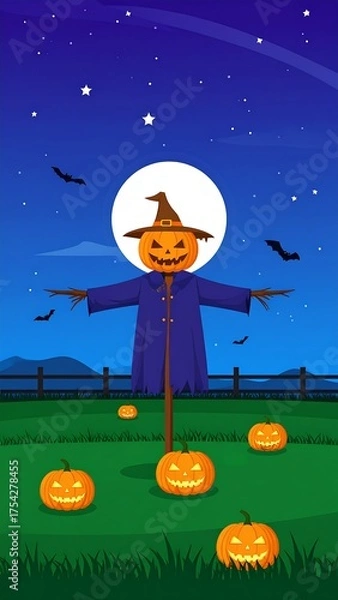 Fototapeta Animated illustration of a smiling jack-o'-lantern scarecrow in a field with glowing pumpkins