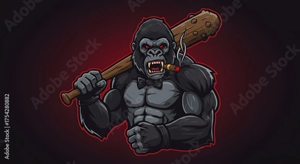 Fototapeta Animated, muscular gorilla with red eyes, bat on shoulder, smoking cigar, wearing a bow tie