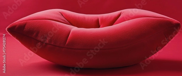Fototapeta Unique red lips shaped sofa on red background. Stylish soft red couch with lip design. Elegant lip motif sofa with plush texture.
