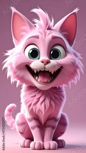 Fototapeta Animated pink cartoon cat with a huge, expressive grin, big eyes, and striped fur, sitting upright