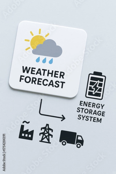 Fototapeta Weather forecast energy storage system integrates renewable generation prediction with battery management for reliable grid supply and transport