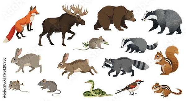 Obraz A delightful collection of woodland animals in a pixel art style featuring various mammals and a bird.