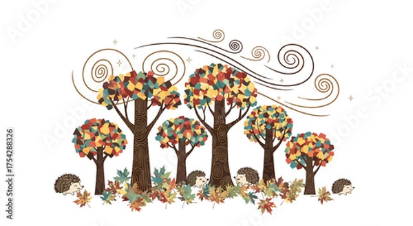 Obraz Autumn winds blow colorful leaves and hedgehogs dance.