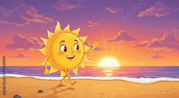 Fototapeta Animated sun character waving on a beach during a sunset with ocean waves and clouds