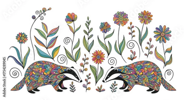 Obraz Two charming badgers amidst a vibrant floral meadow in a whimsical folk art style.