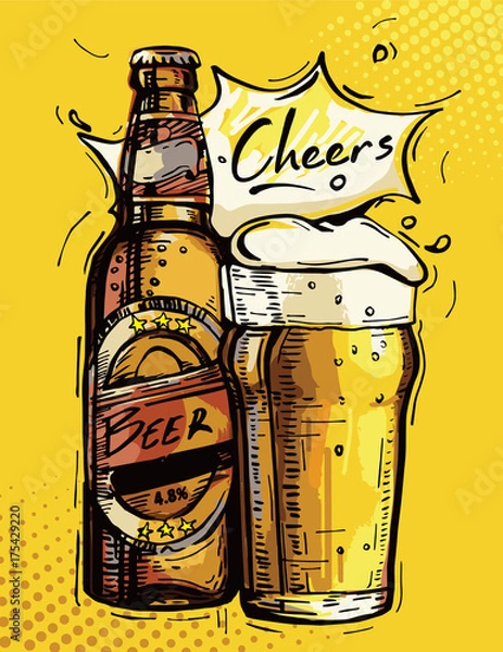 Fototapeta Vector image of a beer bottle and mug of beer. Hand drawing.