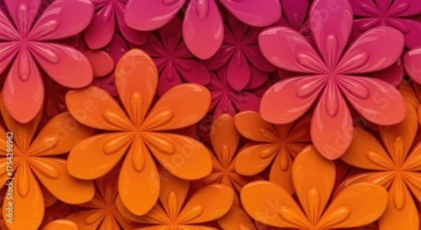 Fototapeta This digital wallpaper has glossy, flower-like geometric shapes and is available in a spectrum of orange, pink, and purple hues.
