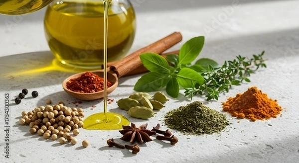 Obraz Green organic tea ingredients of dried leaves, herbs, and spices in a wooden bowl with a wooden spoonGreen organic tea ingredients of dried leaves, herbs, and spices in a wooden bowl with a wooden 